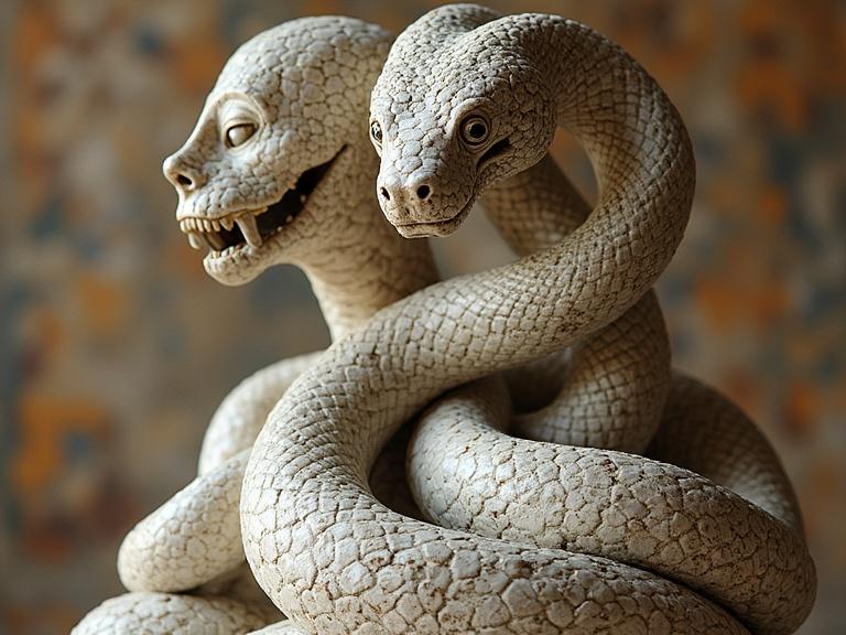 Exquisite statue of intertwined figures depicting a two-headed snake and a human face. The snake has detailed scales. The face shows a mix of emotions. The statue has a textured creamy finish. It stands against a softly colored backdrop.