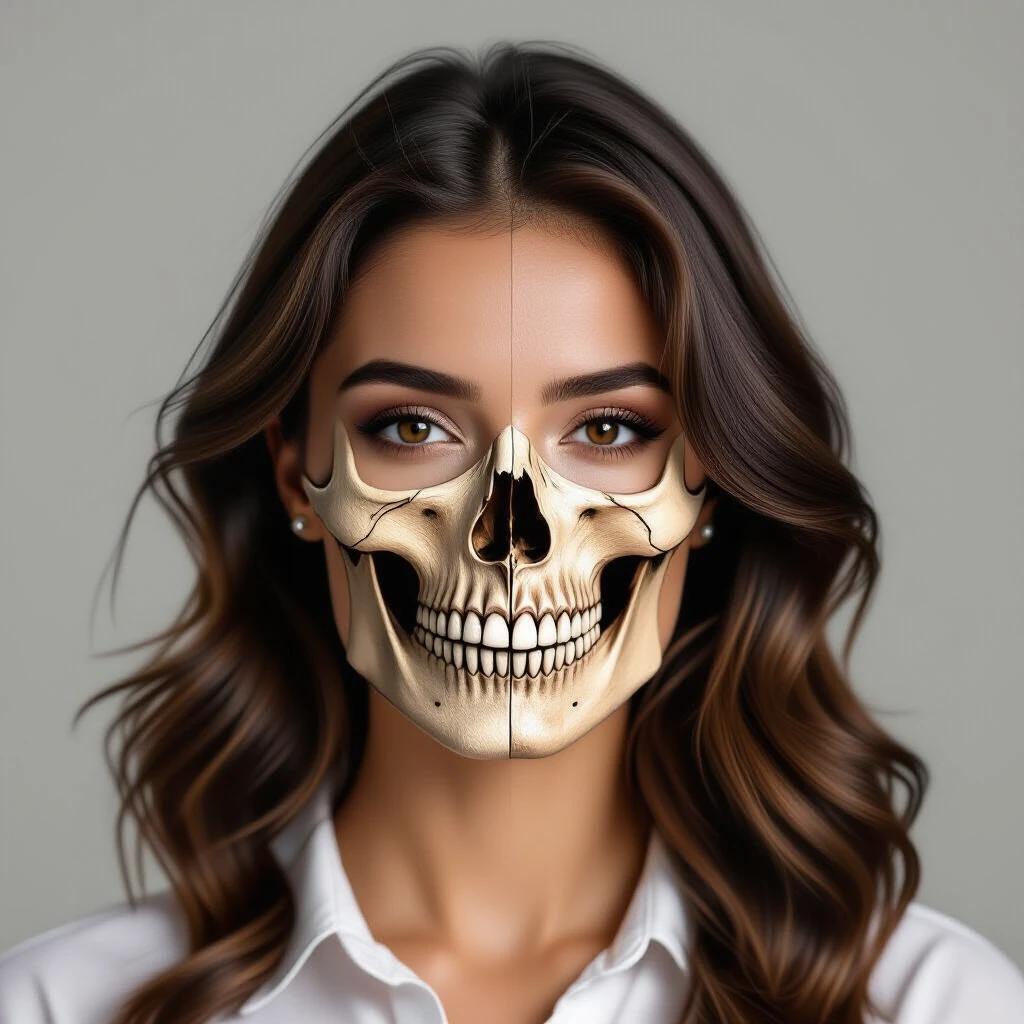 A woman depicted with one half human face and one half skull in a hyper-realism style portrait.