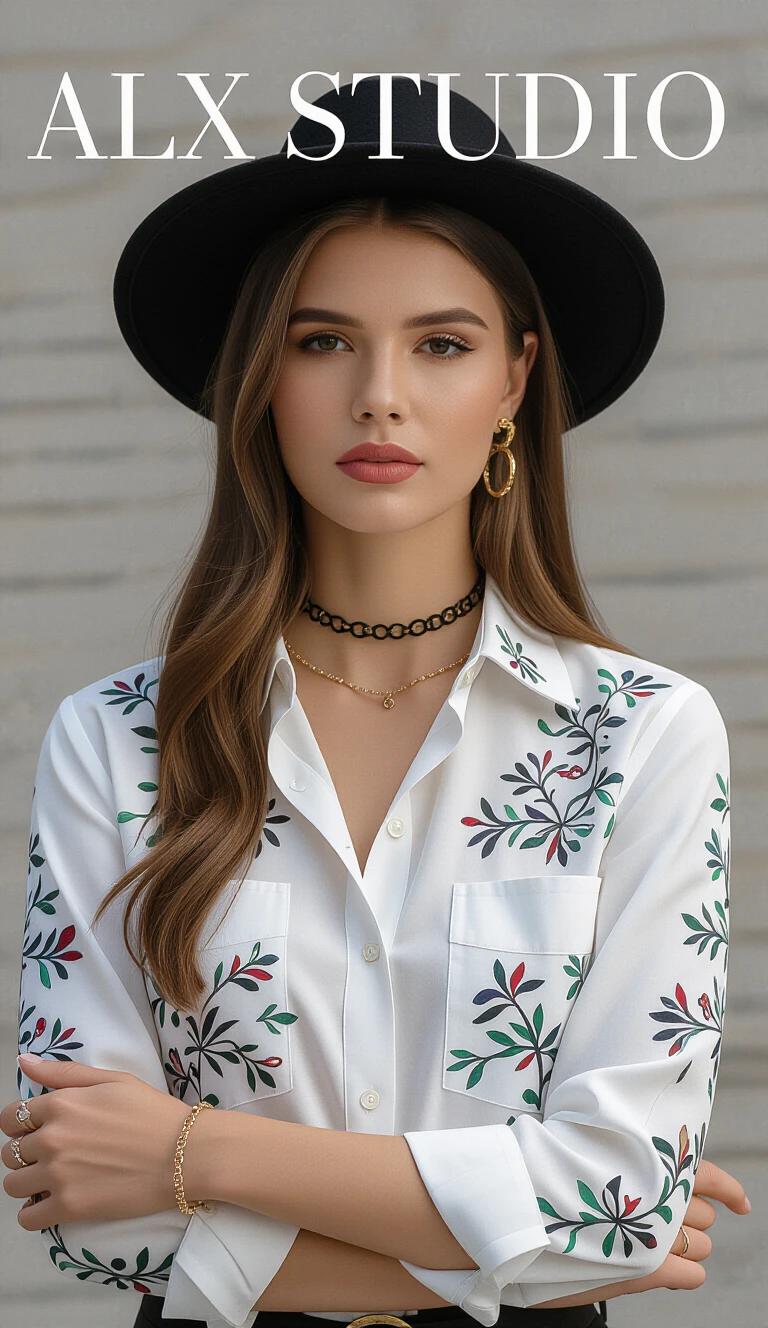 Portrait of a high fashion model wearing a floral patterned shirt. She wears a black hat with elegant necklaces and bracelets. The shirt features the text ALX STUDIO. The background is muted for emphasis on the outfit.