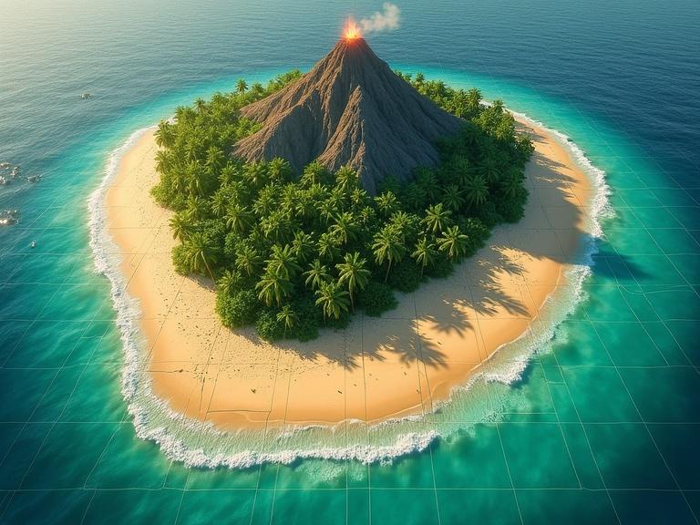 Aerial view of a tropical island resembling a board game. Golden sandy beaches surround a turquoise ocean. Lush green jungle with palm trees covers the island. A small mountain with an inactive volcano is at the center. Tile segments are visible. Peaceful atmosphere with warm lighting.
