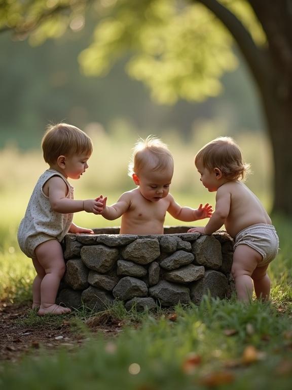 Touching scene of three toddlers by an old stone well in nature. One baby appears stuck in the well, showing upper body, looking scared. Two toddlers on well edge are holding hands, trying to pull the baby out. Peaceful setting with soft daylight.