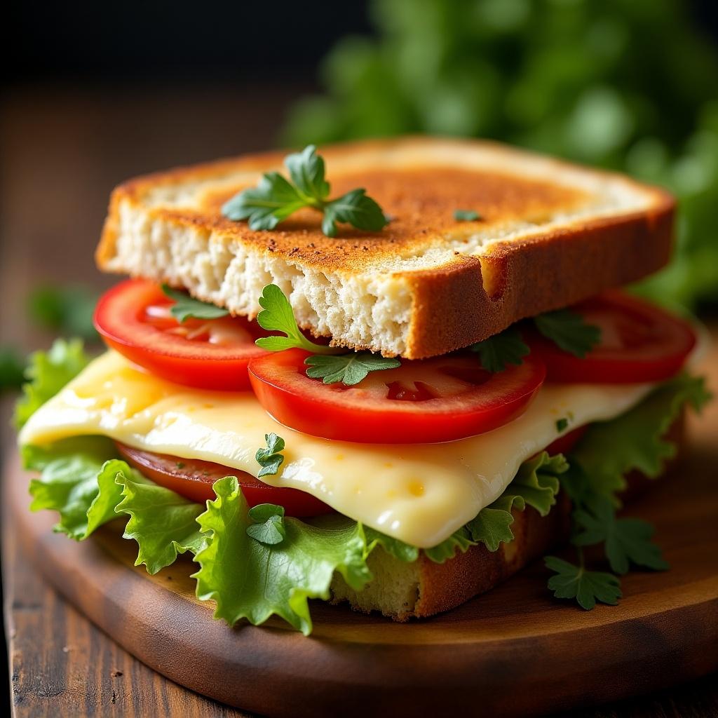 A delicious sandwich featuring haloumi cheese and white cheese on toasted bread. It is layered with fresh iceberg lettuce and juicy tomato slices. The vibrant colors make the sandwich appealing and appetizing. There are herbal garnishes on top for an extra touch of freshness. The wooden board background adds a rustic feel to the presentation. Ideal for showcasing in food blogs or culinary tutorials.