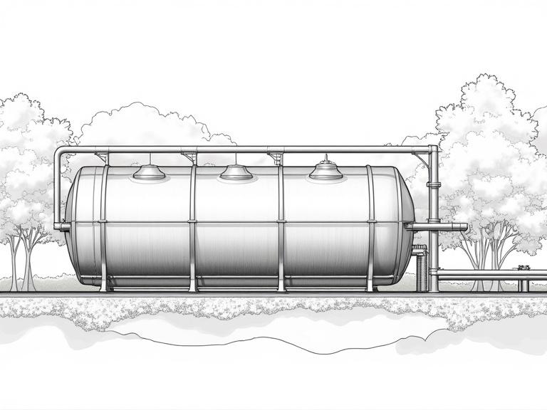 Plastic tank used in a sewage treatment plant shown in a technical drawing style. Features parallel view, outlined with clear details. Suitable for coloring books and educational resources.