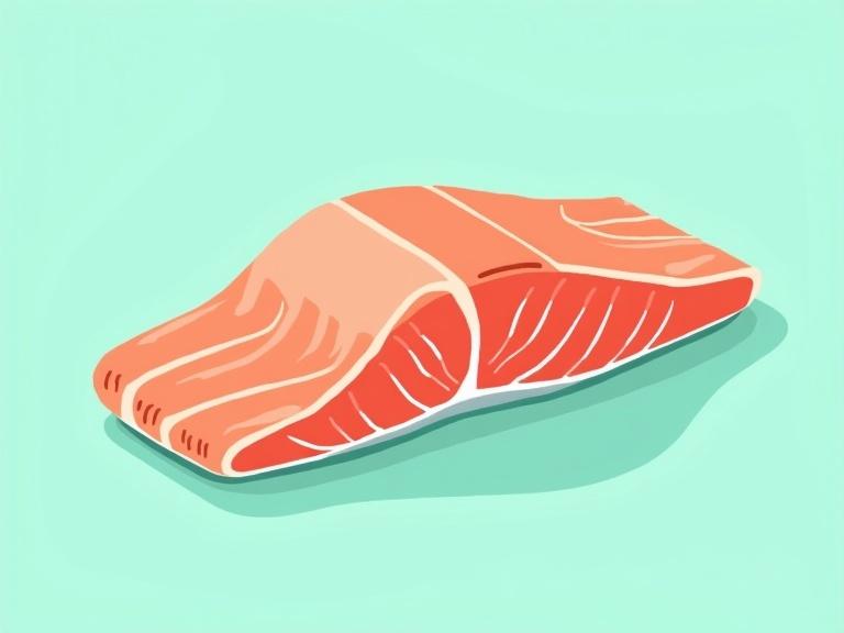 Cartoon-like illustration of a salmon fillet on a light turquoise background. Emphasize smooth texture and vibrant colors. No text present.