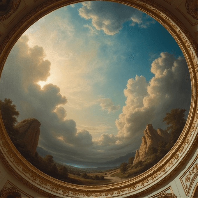 This is a painting on a domed ceiling showing a vibrant sky with dramatic clouds and a landscape below.