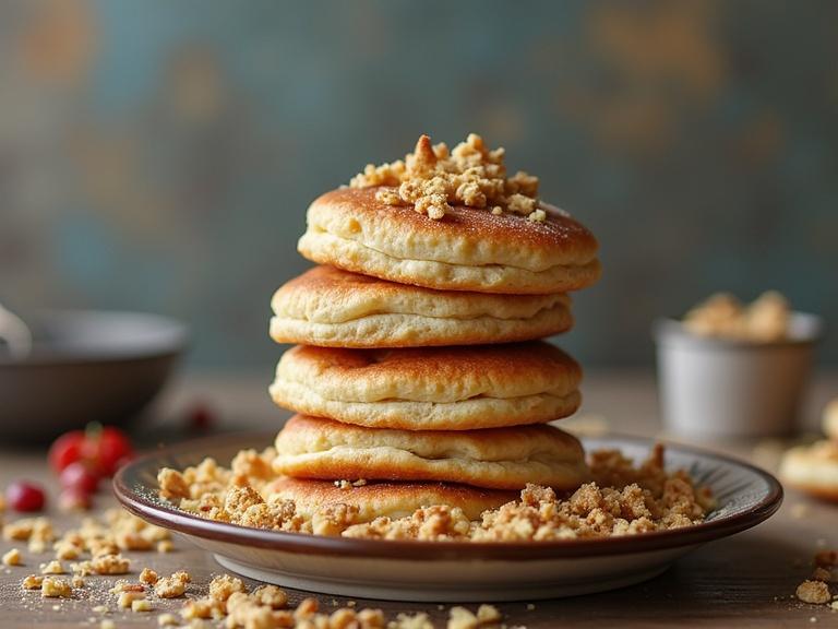 Image of a stack of fluffy pancakes on a plate with crumbles surrounding it. The background is softly blurred and colorful. A warm inviting scene.