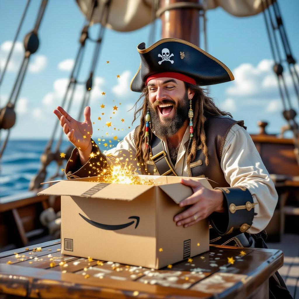 A pirate aboard a ship joyfully opens an Amazon box. Magic bursts from the box. A realistic setting on a sunny day. The box features the Amazon logo and tape. The scene is smaller for adding logo and slogan later.