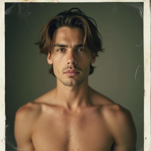 A male model with light brown hair poses seriously. He has a slightly muscular physique. The image has a vintage polaroid feel.