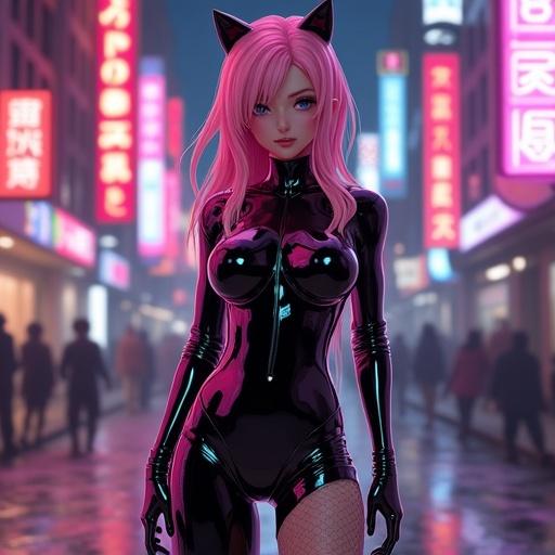 Young woman in shiny black latex catsuit stands in neon-lit street. She has long pink hair and animal features. Background showcases an urban environment with bright signs. Style resembles anime character with confidence and a vibrant look.
