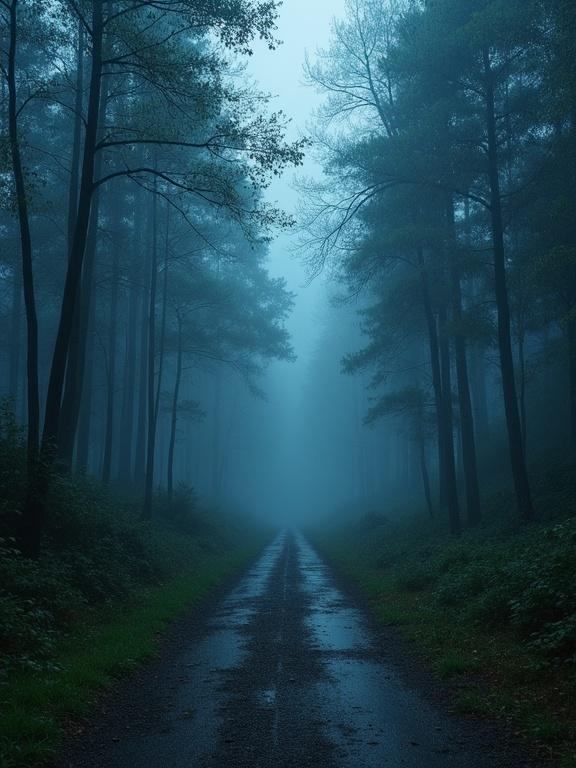 Forest path during rainstorm. Slight bluish hue in the atmosphere. Trees line the path, shrouded in mist.