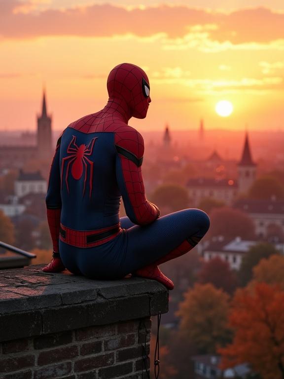 Spider-Man is perched on a rooftop. Sunset creates a dramatic backdrop. City fills with autumn trees and church spires.