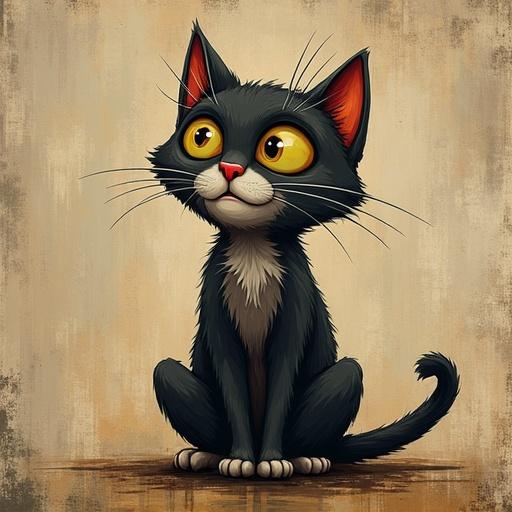 Illustration of a sitting cat in a stylized art style. Cat has a sleek black body and orange ears. Background features a textured beige tone.