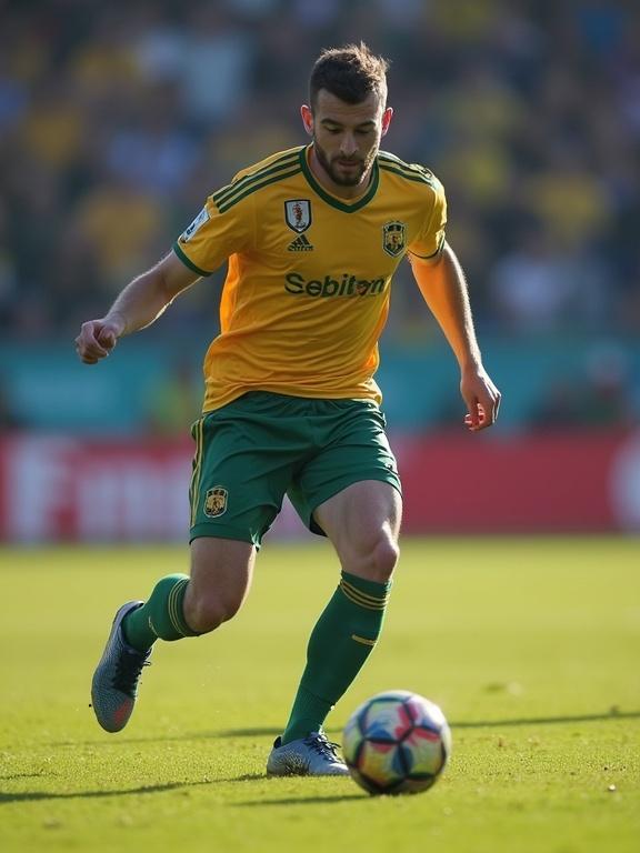A male football player in a yellow jersey and green shorts races across the field with a soccer ball during a match. The player shows athleticism and focus.