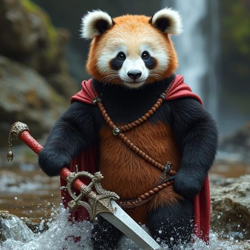 A panda dressed as a warrior stands in a waterfall holding a sword. The panda has a fierce yet adorable expression. Background features a natural landscape with flowing water.