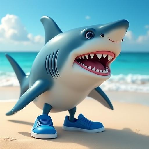 A cartoon shark stands on the beach wearing blue shoes. The shark has an excited expression. The background features a sunny sky and ocean waves.