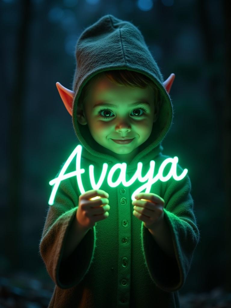 A child dressed as an elf holds a glow stick shaped like the name Avaya. The glow stick emits a bright green light. The background is dark, enhancing the glow effect. The setting has a magical, forest-like atmosphere.