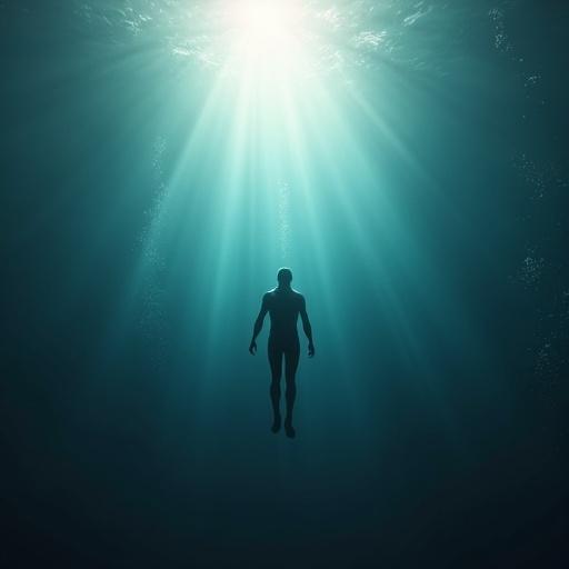 Vertical shot of a centered diver in still waters. Diver floats upward. Swirling particles in foreground. Bright light at water surface resembles portal. Emotional realism and cinematic style. Indigo, soft whites, glowing golds create reflective and hopeful mood.
