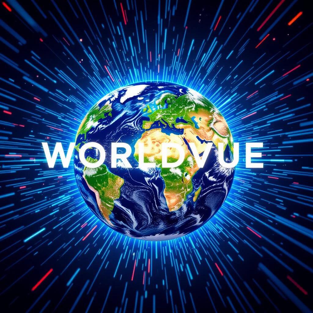 Digital painting of Earth with light streaks representing global connections. The background depicts deep space with stars creating trails. Vibrant colors dominate in blues, greens, and reds. The glyph 'WorldVue' appears prominently. The composition shows movement and energy.