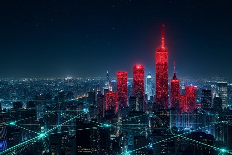 Futuristic cityscape at night. High-rise skyscrapers with red cracked designs. Dark blue starry background. Green and blue digital network lines connecting the buildings. Represents decentralization.