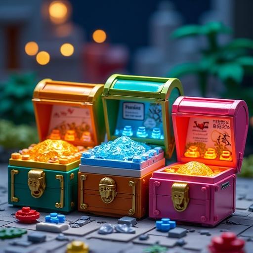 A collection of LEGO treasure chests showcasing unique themes and details. Museum chest has fossils and scrolls. City chest includes streetlights and signs. Zen garden chest features bamboo and stones. Space station chest is illuminated with energy pieces and antennas. All designed with vibrant colors for a playful scene.