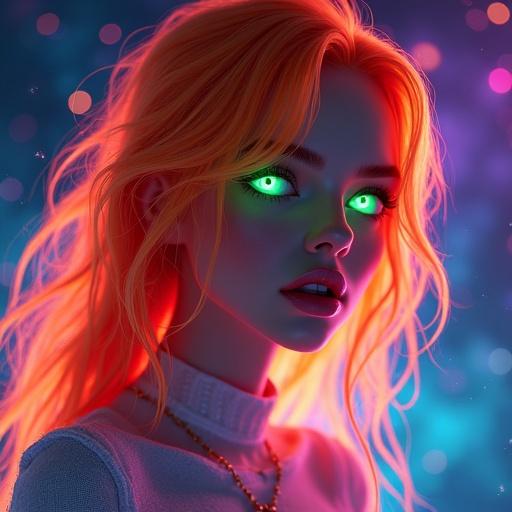 A female character with neon green eyes and neon orange hair in a vaporwave style. Background is brightly colorful with outer space elements like constellations. Ambient lighting effects and use of OpenGL and GLSL shaders.