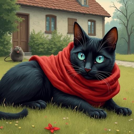 Illustration of a black cat with blue eyes. Cat wrapped in a red scarf pretends to die. Cat lies on a lawn. Big rat looks at cat. Scene includes an old house.