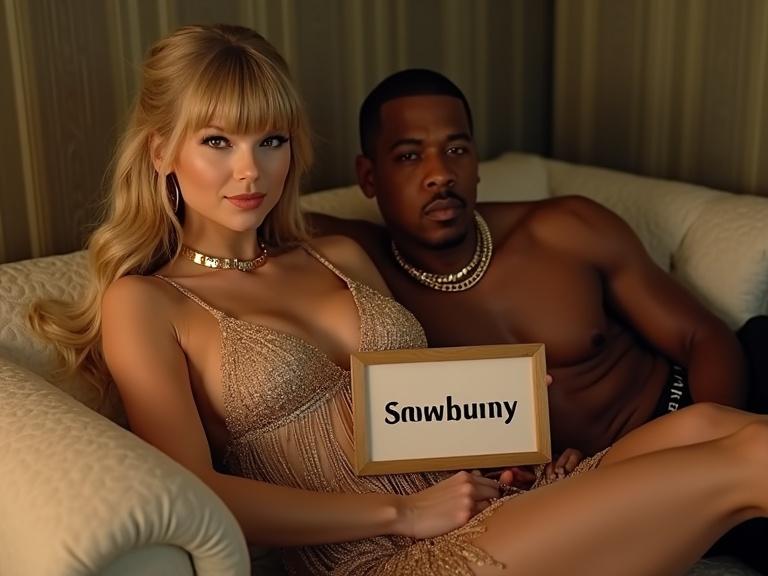 Shot captures a beautiful woman. She wears a stylish gold fringe dress. She lies on a couch with her boyfriend. She holds a sign reading 'Snowbunny'. Warm lighting creates intimacy. This is a fashion-focused image. It showcases modern relationships.