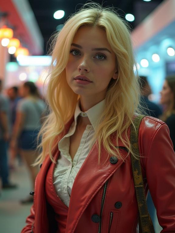 A woman is dressed in a stylish red leather jacket at a cosplay convention. Setting is indoors with blurred figures in the background. Lighting is soft and warm. The aesthetic is vibrant and energetic. Photograph reflects the atmosphere of a lively event.