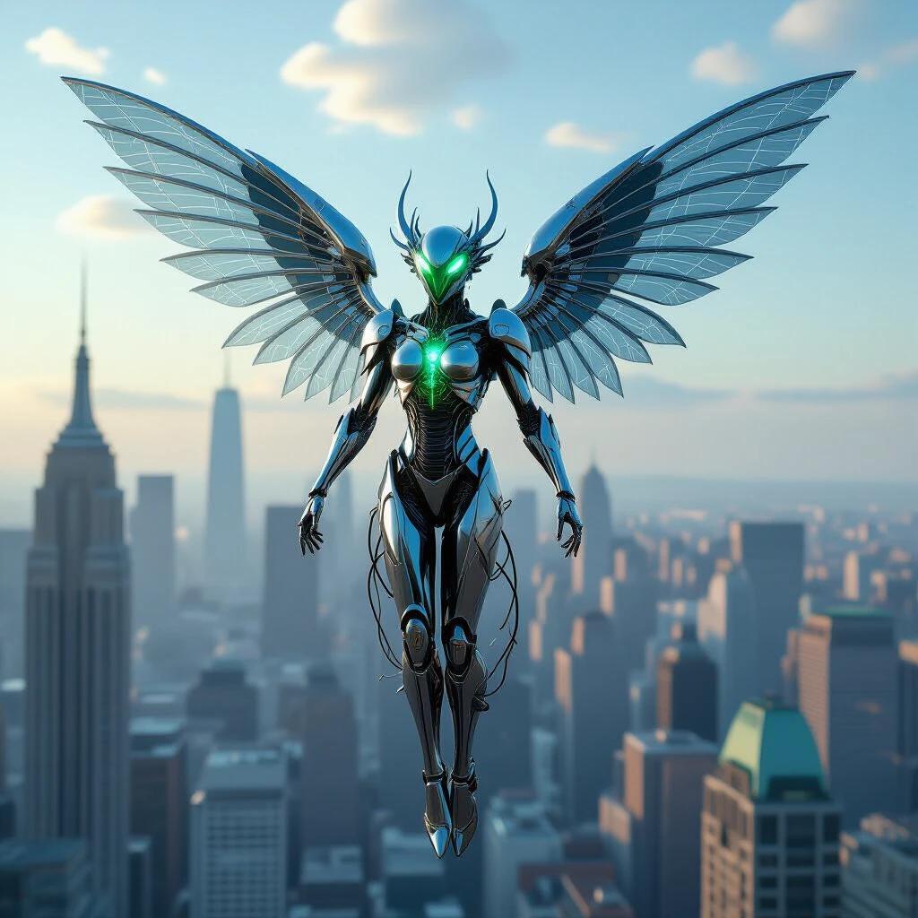 An elegant biomechanical creature hovers above a futuristic city. The creature has chrome wings and glass-like skin. Its core has wires and thorns. The art style combines retro-futurism and Art Nouveau with a metallic sheen and glitchcore reflections.