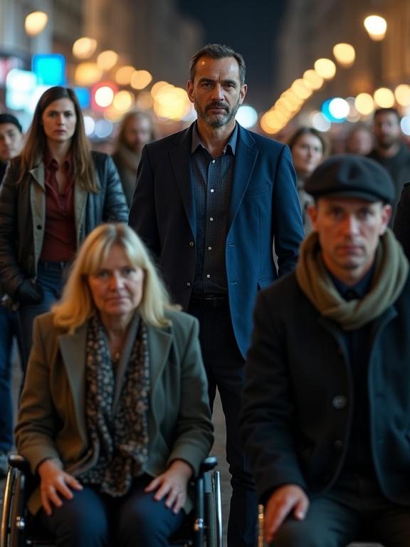 A realistic street scene in Paris. A group of men and women in civilian clothes stands in a well-lit street. A blond woman is in a wheelchair. A thin man is wearing a hat and scarf. A strong woman has a severe expression. They seem tired but engaged. A man in a blue suit stands behind them, looking at the camera with a friendly demeanor.