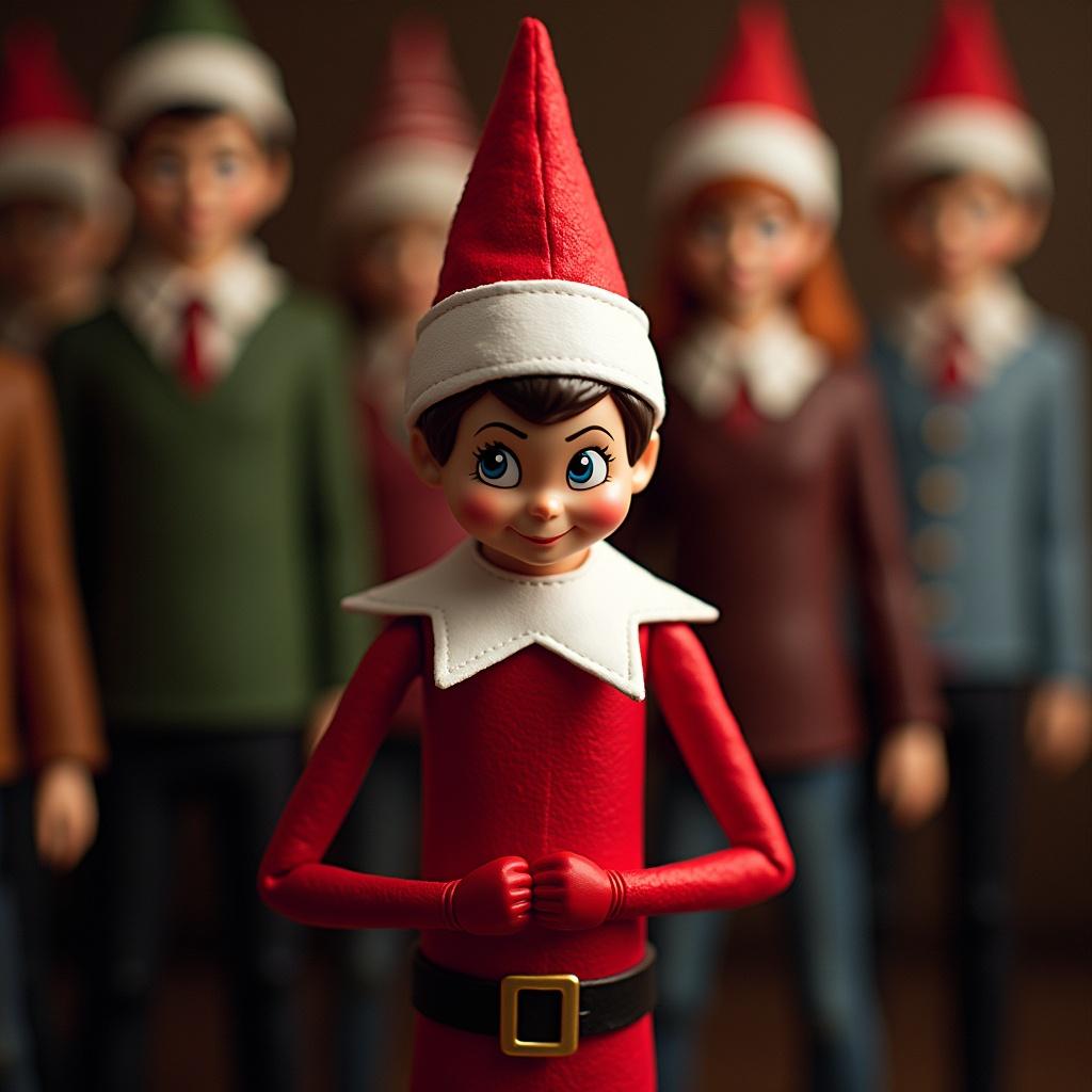 Create a movie poster featuring Elf on the Shelf in a lineup inspired by the film The Usual Suspects. Elf is front and center. Other figures are blurred in the background. Scenes have a festive atmosphere.