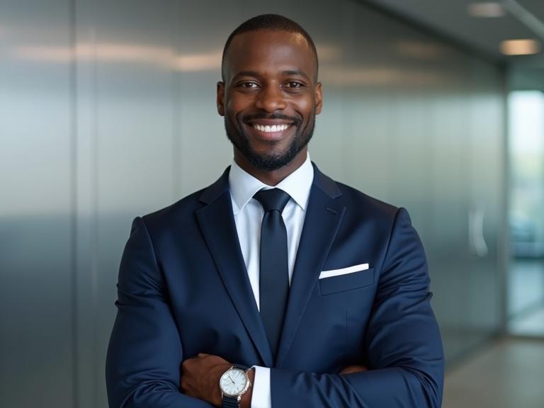 Image of a confident male sales coach standing in a modern corporate setting. He is smiling naturally, wearing a navy suit, white shirt, and tie. Arms crossed, posture is straight and charismatic. Image features studio-quality lighting with minimal shadows. Background is a smooth, modern silver-gray. The composition emphasizes the coach's face and suit in a balanced way.