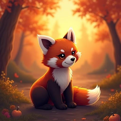 A cute red panda illustrated in a cartoon style. Set in a forest during sunset. The warm evening light creates a magical atmosphere. The panda sits on a path surrounded by orange and red leaves.