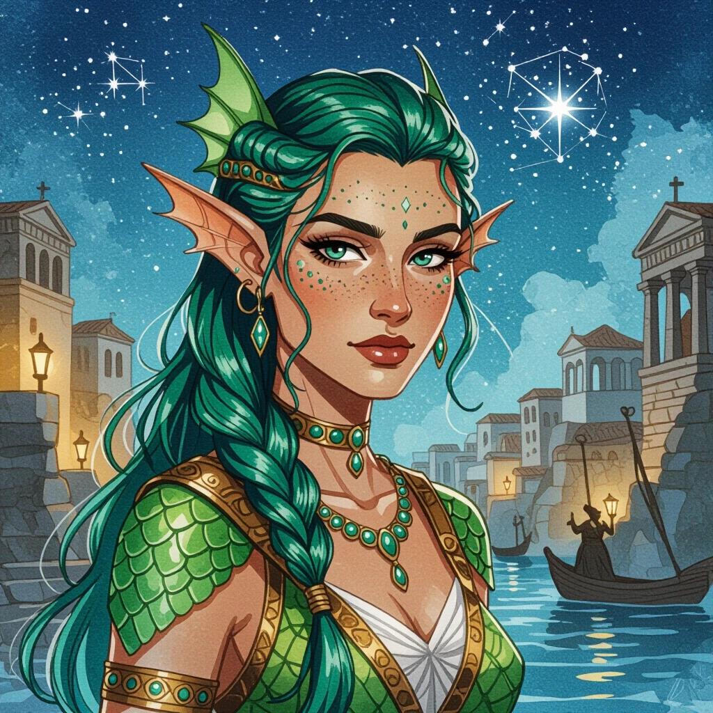 A portrait of a Triton fish-person female in a historical fantasy setting. Exquisite green-blue hair styled back. Ancient-Grecian clothing adorned with intricate details. Set in a fantasy port city backdrop. Holding a magical black stone that projects constellations. Harsh lighting accentuates her features. Starry night sky evolves the scene.