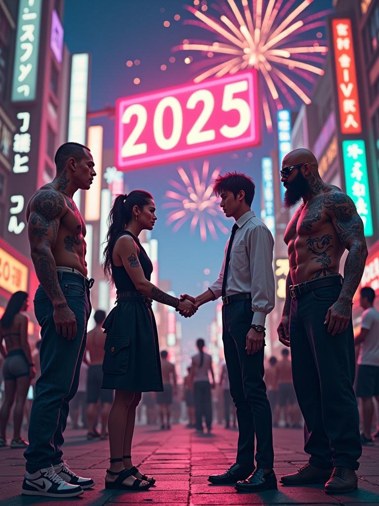 A digital artwork depicts a climactic scene in an urban plaza. Five Japanese gang leaders meet under the night sky. The leaders are shaking hands showing respect. The first leader is a muscular woman in a jic outfit with tattoos. The second is a bald gangster king in a white shirt. The third is a wiry shirtless teenager with tattoos. The fourth is a young man in a tailored suit. The fifth is a heavily tattooed sumo wrestler. Behind them are their gangs standing together. Fireworks illuminate the night sky with the numbers '2025.' The scene captures a powerful moment of alliance against a gritty urban backdrop.