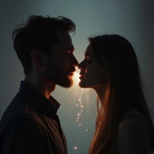 Image conveys whispering between two people in dim light. One person leans close to whisper. Focus on proximity and secrecy. Softness depicted through muted tones. Subtle light particles flow from speaker's mouth. Neutral out-of-focus background. Atmosphere feels hushed and intimate.