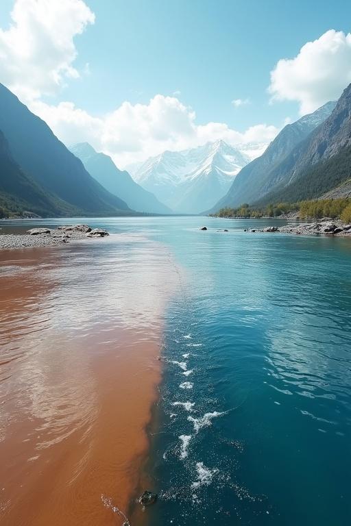 An ultra-realistic image of a wide river showing distinct flowing colors. Left side is muddy brown-orange, right side is deep blue. Colors merge gently in the center. Camera positioned above the water. Snow-capped mountains in the distance under a bright sky. Gentle ripples and reflections enhance realism. Distant lush riverbanks. Hyper-realistic style, cinematic lighting.