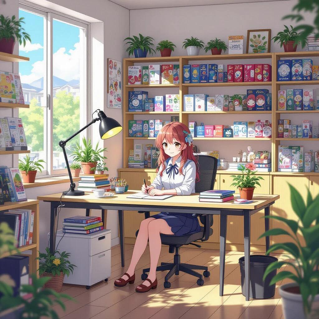 Anime-style illustration of a girl sitting at a grocery store desk. The background features shelves full of colorful products. The scene is bright and inviting. The girl is writing at the desk with a lamp on. Potted plants are around the desk.