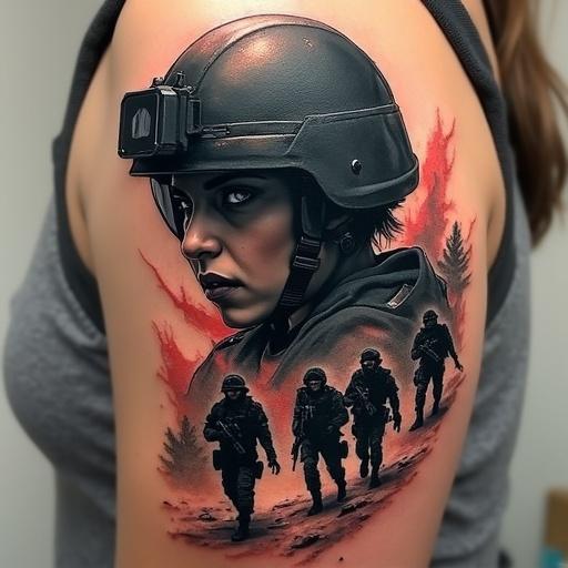 Tattoo design featuring a sensual Valkyrie with a modern tactical helmet and night vision goggles. Below the chest, a mist blurs into silhouettes of armed special forces soldiers progressing with only red points from their weapons visible and glimmering from illuminated night vision lenses.
