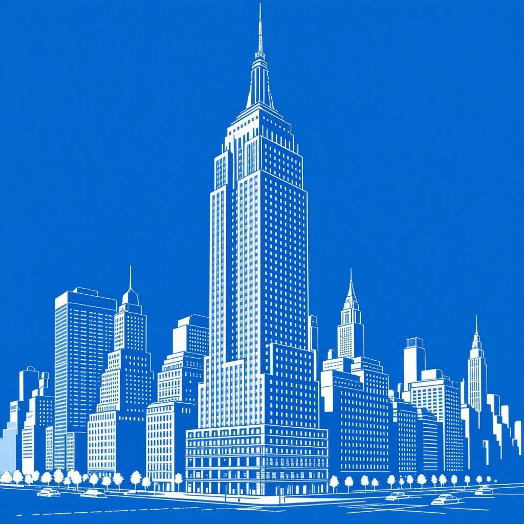 Blueprint of highrise buildings. Design represents 1950s Manhattan style. Clear and simplified lines. Emphasizes Empire State Building and urban skyline.