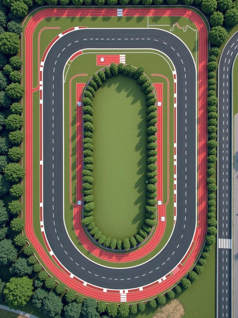 Detailed layout of a race track with straights and curves. Features a main straight of 8 km, several 1 km straights, and a 0.5 km curved straight. Includes 45 corners, designed for anti-clockwise racing. Vibrant colors mark different sections of the track, emphasizing straights and challenging curves for endurance racing.