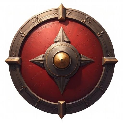 Icon of a round fighter shield designed for a card game. Shield features a prominent central emblem and ornate details. Style resembles art from World of Warcraft. Background is transparent.