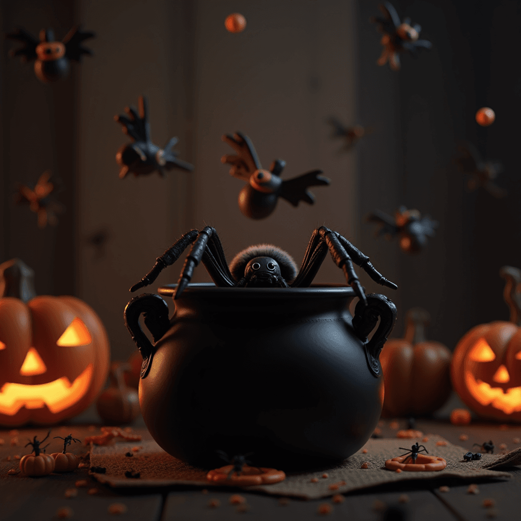 A fluffy black spider peeks out from a cauldron surrounded by flying cartoon bats, glowing jack-o'-lanterns, and festive Halloween decorations.