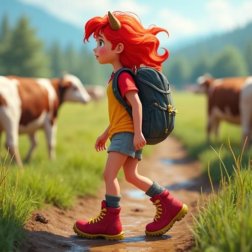 Cartoon girl walking through a cow field wearing a backpack. The ground is muddy, and her boots are muddy. She has red and yellow hair and is dressed in summer attire.