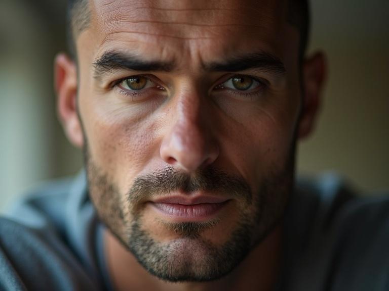 close-up photograph of a man with strong facial features in natural light