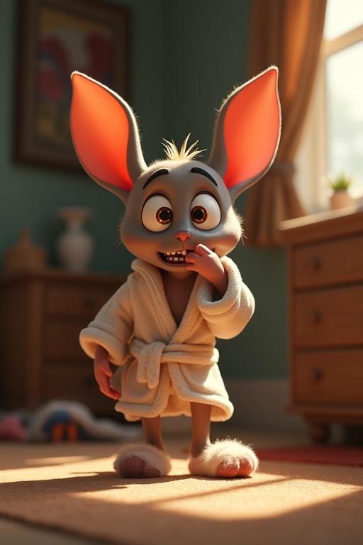 A 3D cartoon humanoid creature stands nervously in a messy bedroom. It has oversized eyes and huge ears. The creature wears a robe and bunny slippers. It bites its lip, conveying exaggerated guilt. The scene captures a cartoonishly sneaky posture with dramatic lighting.