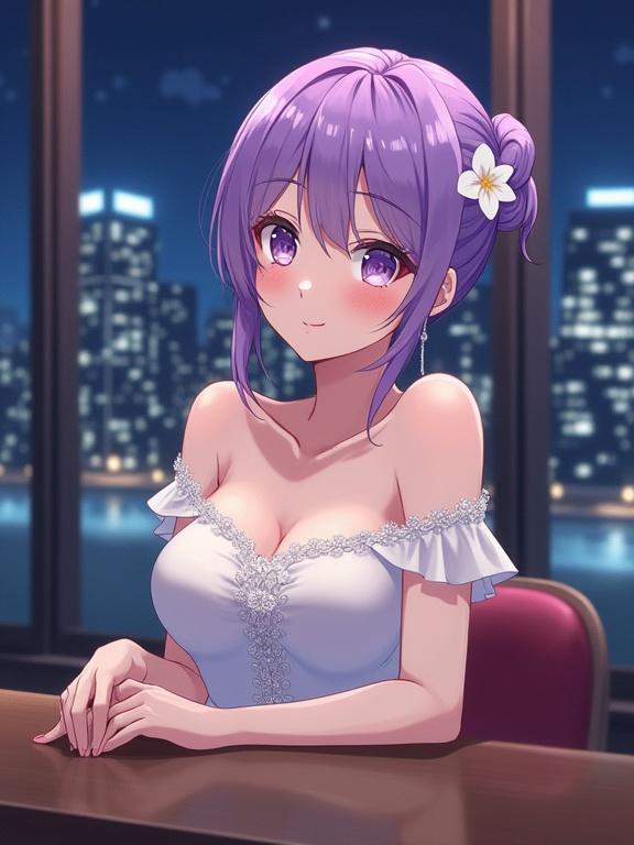 Matured adult lady in semi-anime style at bar counter with night view of high-rise buildings. Character wears off-shoulder white dress with chest decoration. Character has updo violet hairstyle with white flower hair ornament. Character shows a gentle expression.