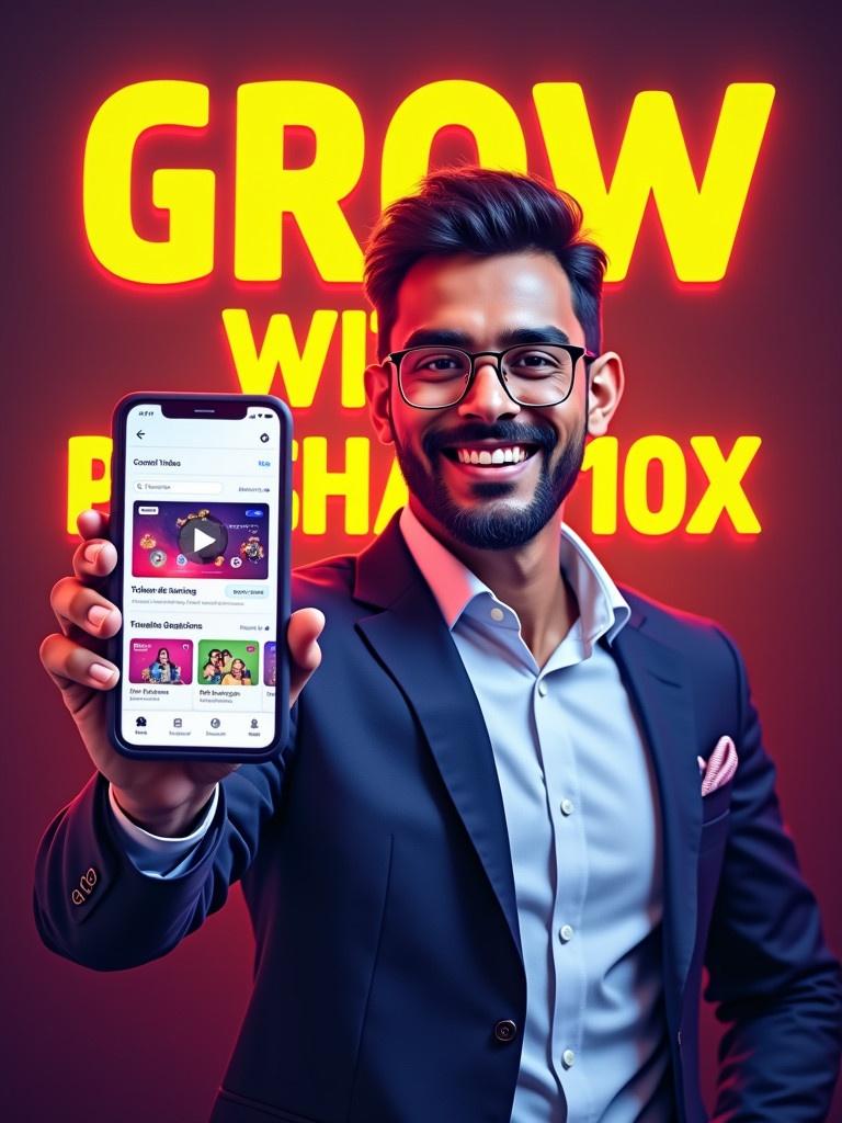 Confident man in a suit holding smartphone displaying money earning app interface. Background with bold text 'GROW WITH PRASHANT10X' in glowing yellow and red letters. Enthusiastic smile radiating professionalism. Digital art style with vibrant colors.