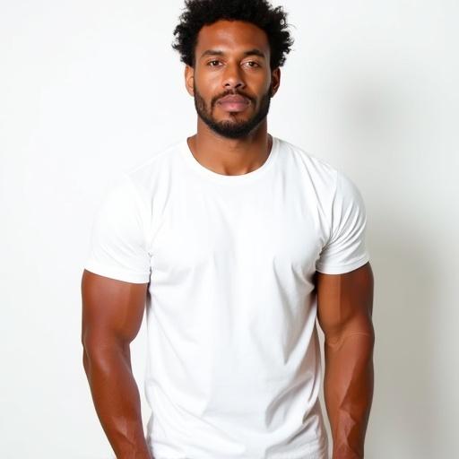 A muscular American male model wears a plain white short sleeve t-shirt. He stands confidently against a minimalist white background. Bold text overlay states 'Your Design, Your Style'. Professional studio lighting enhances the image quality. The composition is high resolution with a 4:5 aspect ratio.