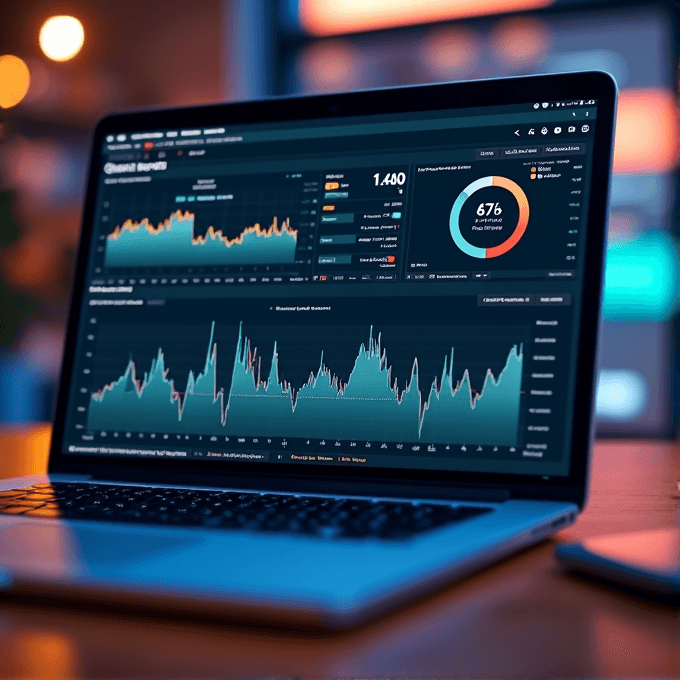 A laptop displays various graphs and charts analyzing data in a dimly lit room.